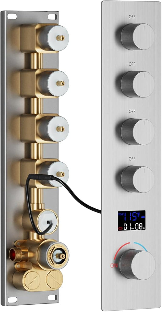 4 Way Shower Diverter Valve 4 Outlets Multi Function Brass Temperature Digital Display Shower Mixer Valve Can Run Simultaneously and Flow Control Brushed Nickel