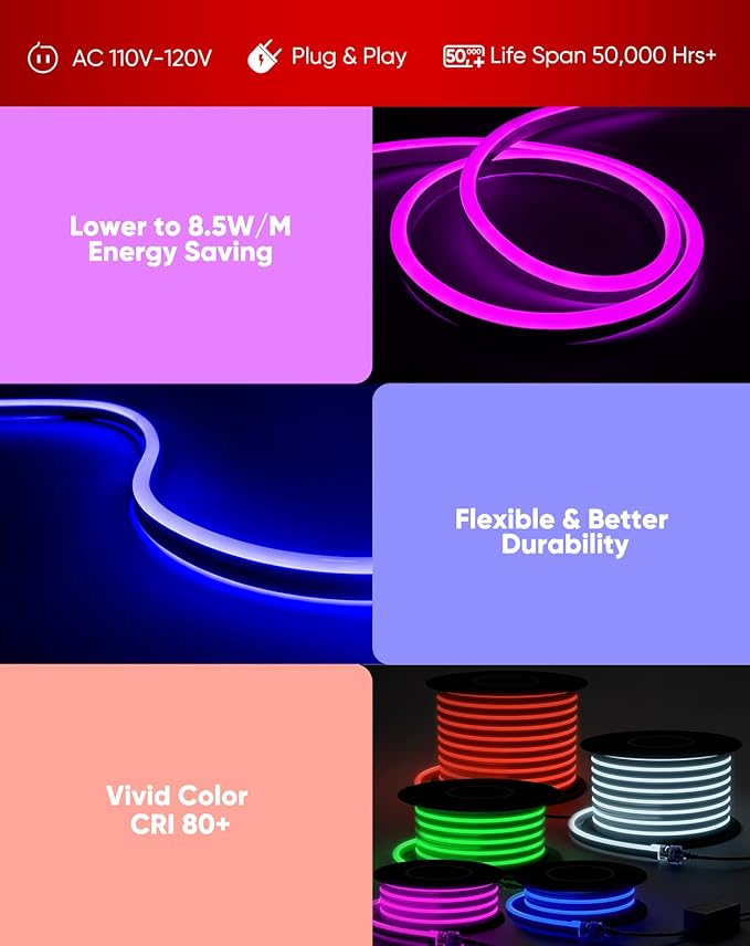 Shine Decor LED RGB Neon Rope Lights AC 120V, Expandable & Cuttable Bright Strip Lighting with Remote, Dimmable Color Changing, ETL Cold-Resistant & IP65 Waterproof for in&Outdoor, 10x20mm, 16.4FT