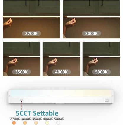 LED Under Cabinet Lighting Hardwired or Plug in, 16 Inch 8W, Dimmable 5 Color 2700K/3000K/3500K/4000K/5000K, Linkable Eyes Care Design Counter Lights for Kitchen, Sink, ETL Listed, White