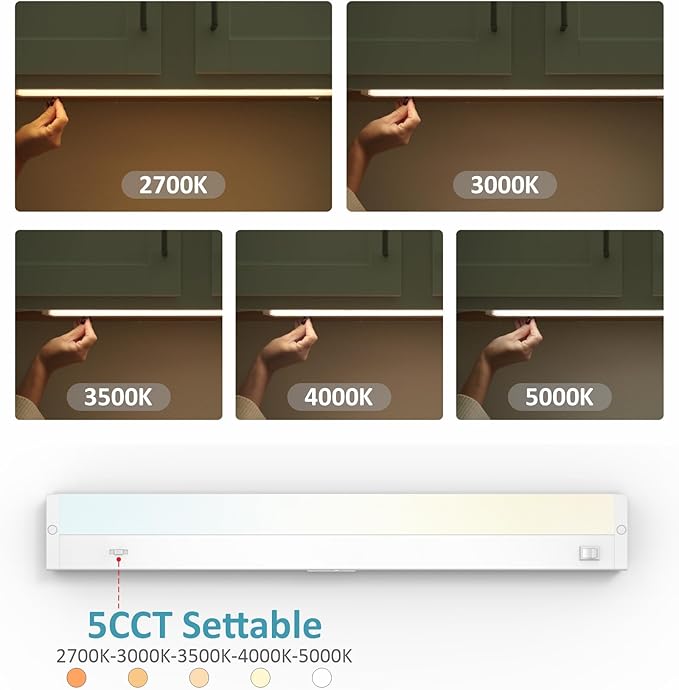 LED Under Cabinet Lighting Hardwired or Plug in, 18 Inch 9W, Dimmable 5 Color 2700K/3000K/3500K/4000K/5000K, Linkable Eyes Care Design Counter Lights for Kitchen, Sink, ETL Listed, White