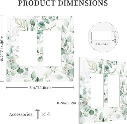 Boho Green Eucalyptus Leaf Floral Plants Flowers Decorative Outlet Covers 2 Gang Double GFCI Rocker Electrical Wall Panels Light Switch Cover Plate for Bed Room Living Room Decor