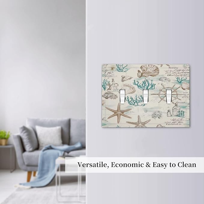 Mid Century Seashells Starfish Compass Decorative Switch Plates 3 Gang Wall Plate Triple Toggle Light Switch Cover Faceplate Electrical Wall Panels For Nursery Kids Room Decor