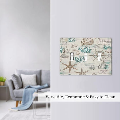 Mid Century Seashells Starfish Compass Decorative Switch Plates 3 Gang Wall Plate Triple Toggle Light Switch Cover Faceplate Electrical Wall Panels For Nursery Kids Room Decor