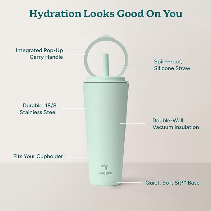 REDUCE Halo 32 oz Stainless Steel Vacuum Insulated Tumbler - Spill Proof Travel Mug with Flip Handle Lid - Keeps Drinks Cold for 32 Hrs - Dishwasher Safe - Cupholder Friendly - Sea Glass
