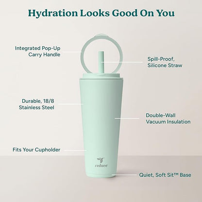 REDUCE Halo 32 oz Stainless Steel Vacuum Insulated Tumbler - Spill Proof Travel Mug with Flip Handle Lid - Keeps Drinks Cold for 32 Hrs - Dishwasher Safe - Cupholder Friendly - Sea Glass