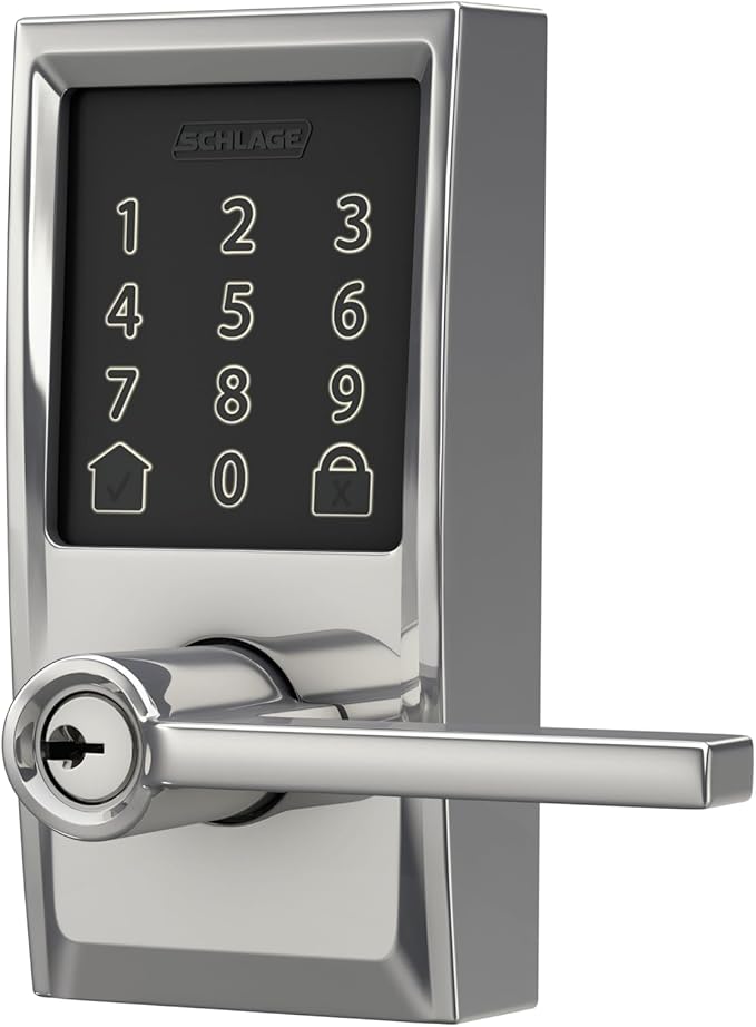 Schlage FE789WBCEN625LAT Encode Century WiFi Latitude Lever Smart Keyless Entry Touchscreen Door Lock, Bright Chrome