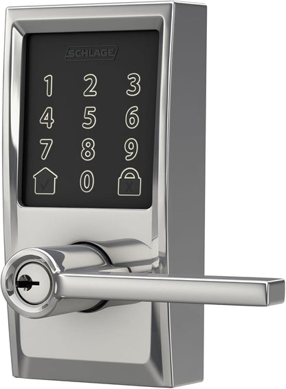 Schlage FE789WBCEN625LAT Encode Century WiFi Latitude Lever Smart Keyless Entry Touchscreen Door Lock, Bright Chrome