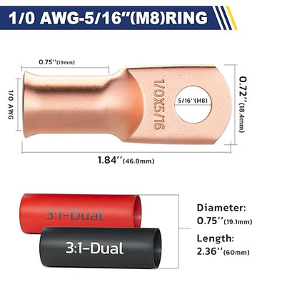 haisstronica 10pcs 1/0 AWG - 5/16"(M8) Battery Cable Lugs, Heavy Duty Copper Wire Lugs with 10pcs 3:1 Adhesive Heat Shrink Tubing, 0Gauge Wire Connectors Battery Terminal Connector, Battery Cable Ends