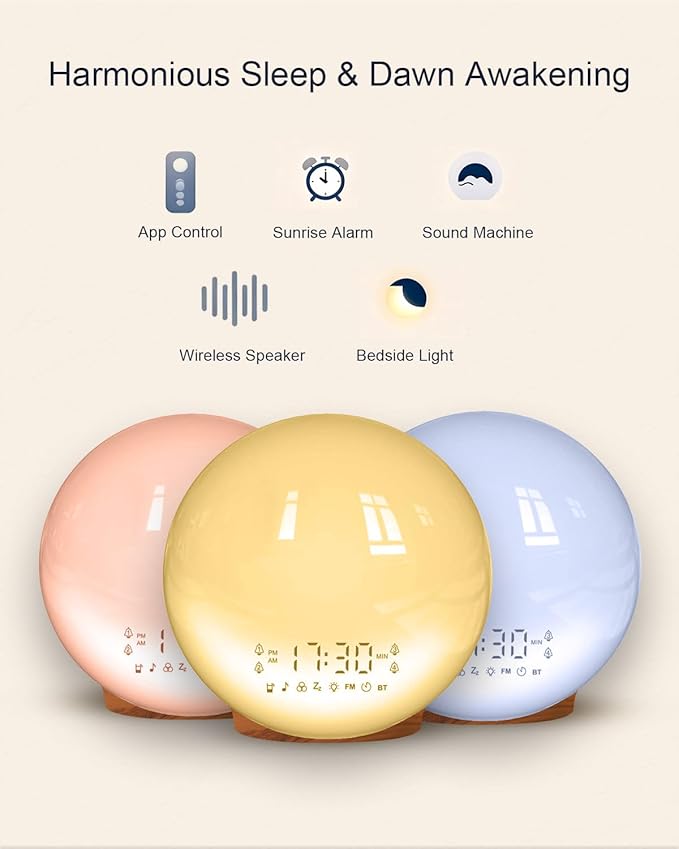Smart APP Sunrise Alarm Clock with 4 Alarms & Natural Sounds for Heavy Sleepers, App No Signup, Wake Up Light, 11 Night Ligh, Sleep Aid 7 White Noise Machines & FM, Wireless Speaker (Wood Grain, 1PCS)