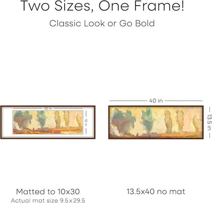 Homeforia 13.5x40 Picture Frame Brown, High End Dark Oak 13.5by40 Walnut Wood Poster Frame with Mat 10x30, 13.5 x 40 Panoramic Wooden Frames Matted to 10 x 30 Print, Tempered Glass, Wall Kit, Set of 1