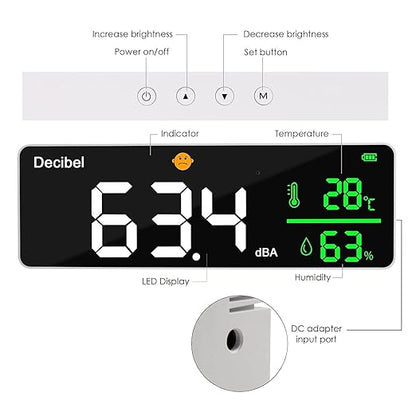 Decibel Meter, Wall Hanging Sound Level Meter, Noise Decibel Meter, 3 in 1 Noise Temperature Humidity Meter, 30 to 130dB Range, with 11in Large LED Display Screen, for Classroom