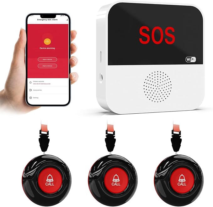 WiFi Smart Wireless Caregiver Pager Call Button Emergency Alert System Life Alert Button for Elderly Patient Seniors Disabled 3 SOS Panic Button 1 Receiver(Only Supports 2.4GHz & No Monthly Fee)