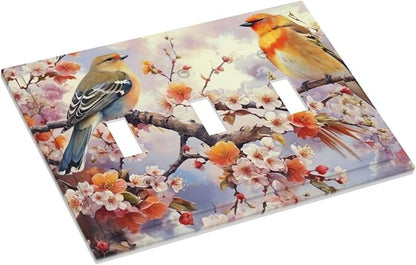 Birds Sitting on Flowers Tree Branch Light Switch Covers 3 Gang Triple Toggle Wall Plate Decorative Switch plate Electrical Faceplate for Farmhouse Living Decor