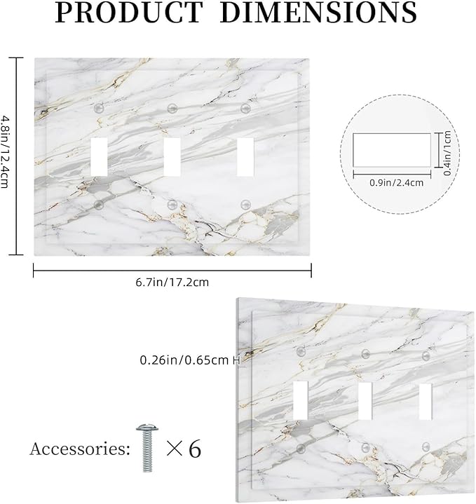 Decorative Light Switch Cover Plate Gray Gold Marble Abstract Modern Luxury 3 Gang Wall Plate Triple Toggle Switch Plate Covers Electrical Outlet Cover for Bedroom Home Decor