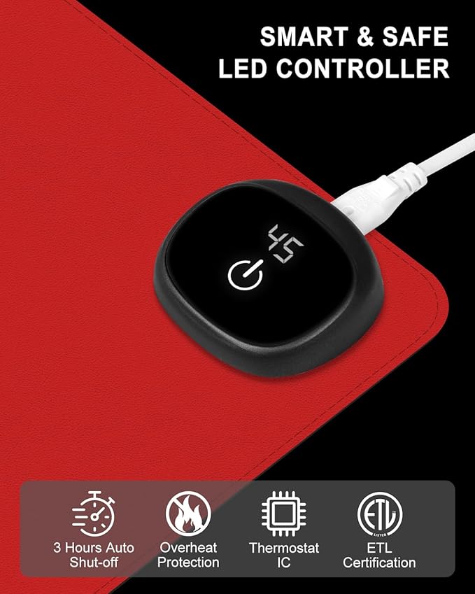 Heated Desk Pad, 31.5" x 13" Leather Non-Slip Warm Desk Pad, Large Mouse Mat with 3 Levels Heating & 3 Hours Auto Shut-Off, Hand and Foot Warmer for Office, Home, Red