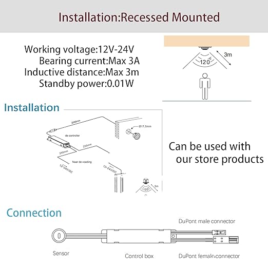VST Motion Sensor Light Switch, Proximity Sensor Switch, Led Light Automatic Witch for Closet Light Under Cabinets Counters Closets Wardrobes with 12V JST Male and Female (DC 12-24V)
