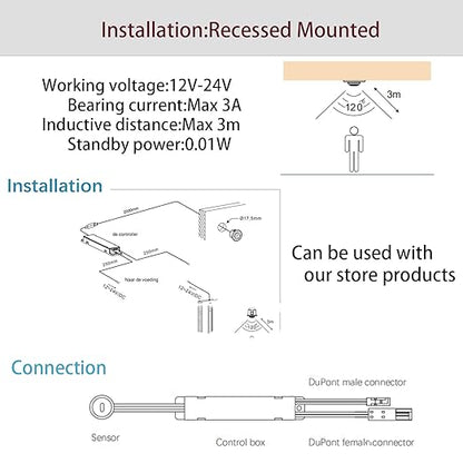 VST Motion Sensor Light Switch, Proximity Sensor Switch, Led Light Automatic Witch for Closet Light Under Cabinets Counters Closets Wardrobes with 12V JST Male and Female (DC 12-24V)
