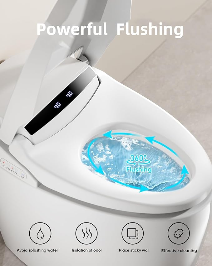TDH Smart Toilet, Tankless Toilets with Foot Sensor Operation, Heated ToiletSeat with Warm Water Sprayer and Dryer, LED Display with Fahrenheit, Round Toilet Seat