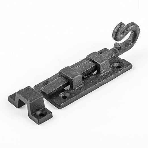 Renovators Supply Manufacturing Door Lock Latch 3.8 in. Black Wrought Iron Pig Tail Tip Styled Slide Bolt Latch with Mounting Hardware