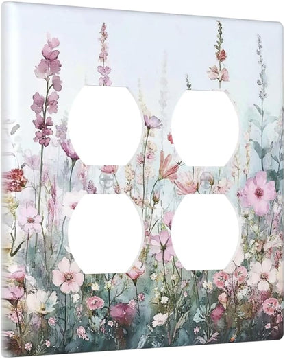 Pink Floral Watercolor Botanical Wildflowers Outlet Covers 2 Gang Double Duplex Decorative Light Switch Covers Electrical Wallplates Socket Faceplate For Bed Room Living Room Decor