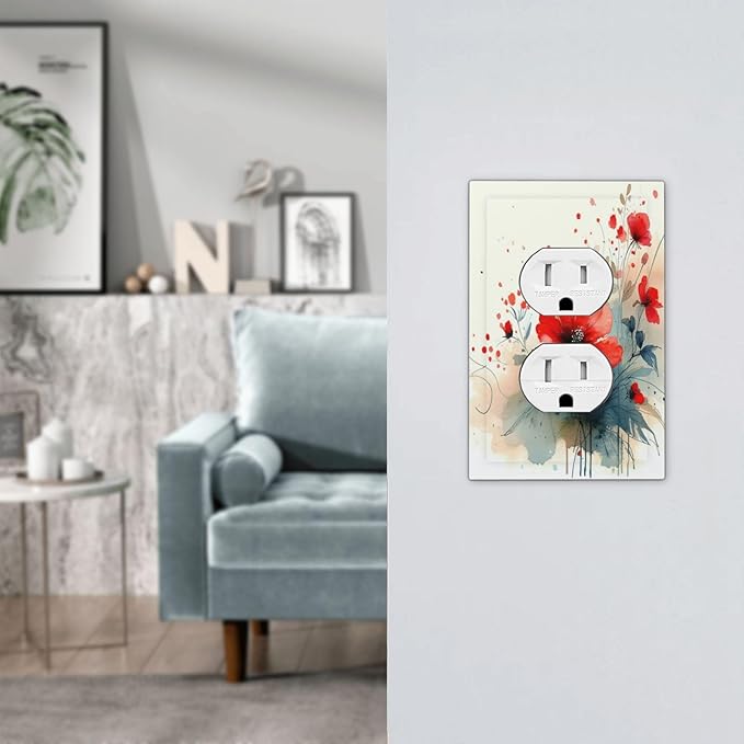 Vintage Floral Red Watercolor Modern Outlet Covers 1 Gang Duplex Light Switch Cover Wall Plate Decorative Switch Plates Electrical Receptacle Faceplate for Bedroom Bathroom Decor