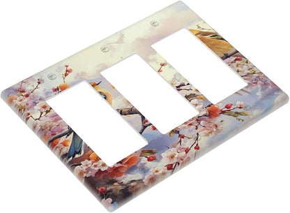 Birds Sitting on Flowers Tree Branch 3 Gang Rocker Triple Outlet Wall Plate Decorative Switch plate Cover Faceplate GFCI Light Switch Covers for Farmhouse Living Decor