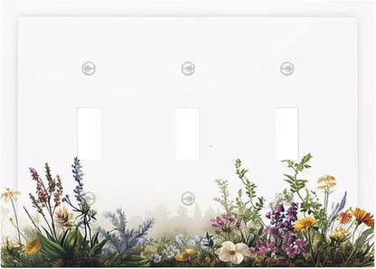 Decorative Light Switch Cover Plate White Background Colorful Flowers Plants Green Leaves 3 Gang Wall Plate Triple Toggle Switch Plate Covers Electrical Outlet Cover for Bedroom Home Decor