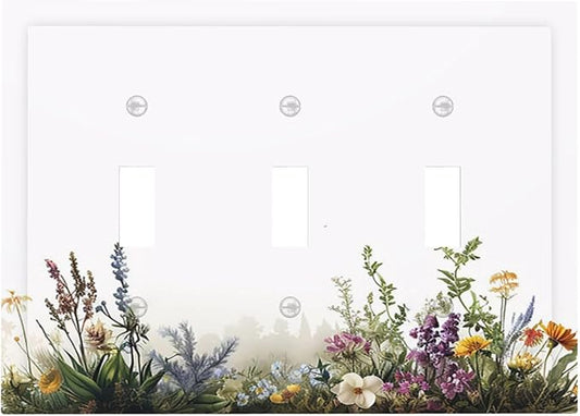 Decorative Light Switch Cover Plate White Background Colorful Flowers Plants Green Leaves 3 Gang Wall Plate Triple Toggle Switch Plate Covers Electrical Outlet Cover for Bedroom Home Decor