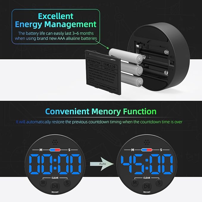 Visual Digital Timer for Kitchen, Classroom, Kids, Productivity, Magnetic Countdown Timer for Egg Cooking, Toddler, Focus, Work, Task, Small Desk with Large LED Display, Super Loud Alarm - Blue