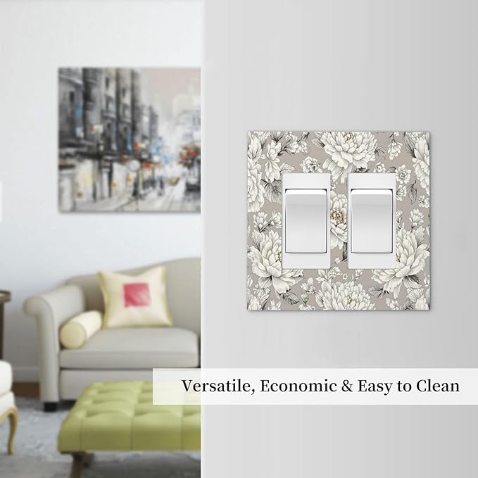 White Poppies Floral Modern Grey Peonies Flowers Decorative Outlet Covers 2 Gang Double GFCI Rocker Light Switch Cover Plate Electrical Wall Panels for Bedroom Bathroom Decor