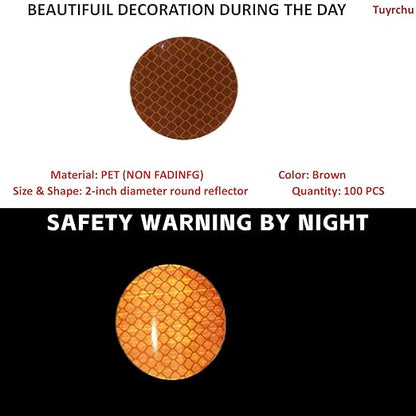 Non Fading Brown Reflective Stickers 2-inch Diameter Round Reflector, Outdoor Waterproof High Visibility Warning Adhesive Tape (100 Pcs)
