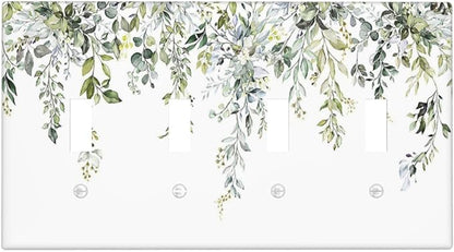 Light Switch Covers Boho Farmhouse Flower Leaf Sage Green Quad Toggle Electrical Faceplate 4 Gang Wall Plate Decorative Switch Plates for Bedroom Cabin Decor