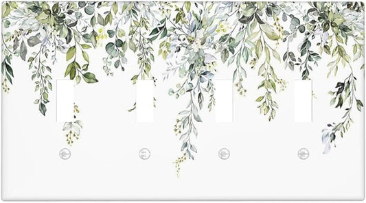 Light Switch Covers Boho Farmhouse Flower Leaf Sage Green Quad Toggle Electrical Faceplate 4 Gang Wall Plate Decorative Switch Plates for Bedroom Cabin Decor