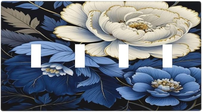 Blue White Flowers Light Switch Covers Quad Toggle 4 Gang Wall Plate Decorative Switchplate Electrical Faceplate for Farmhouse Bathroom Living Decor
