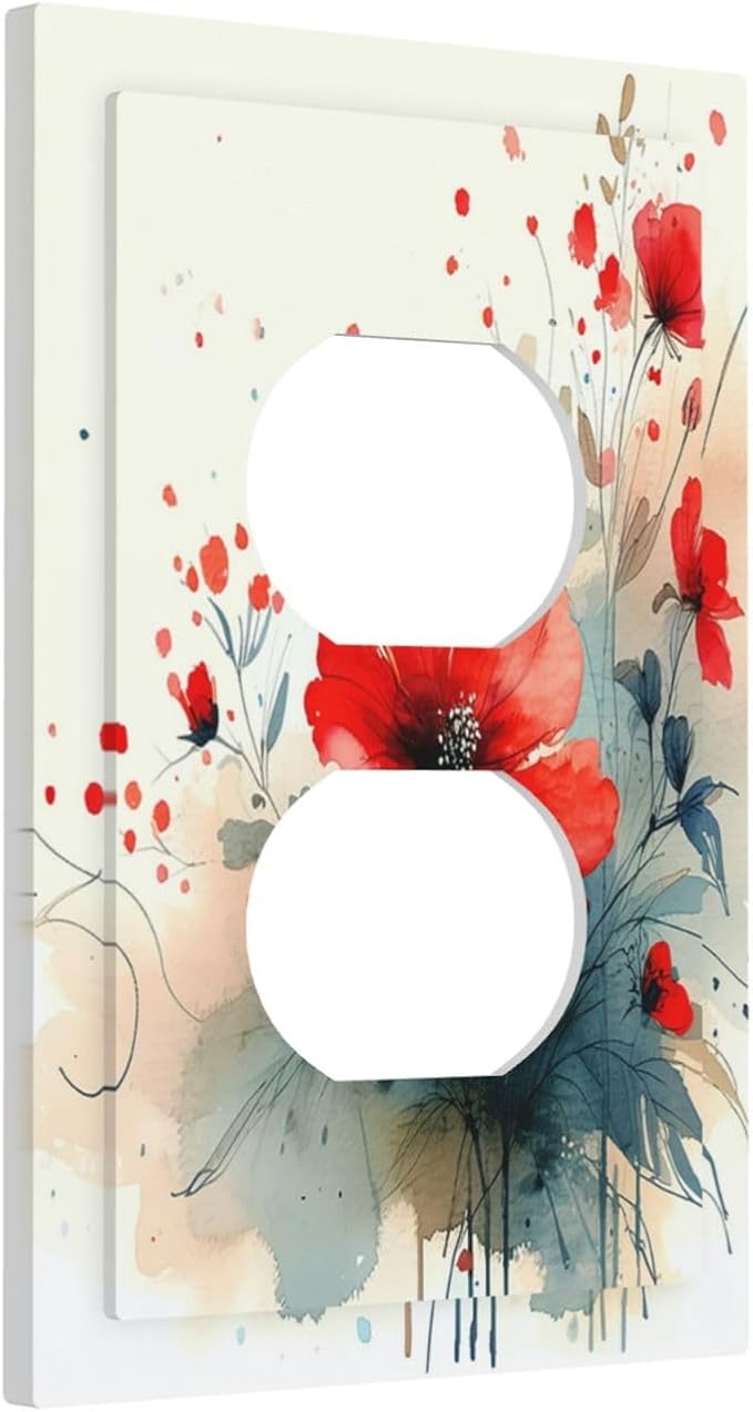 Vintage Floral Red Watercolor Modern Outlet Covers 1 Gang Duplex Light Switch Cover Wall Plate Decorative Switch Plates Electrical Receptacle Faceplate for Bedroom Bathroom Decor