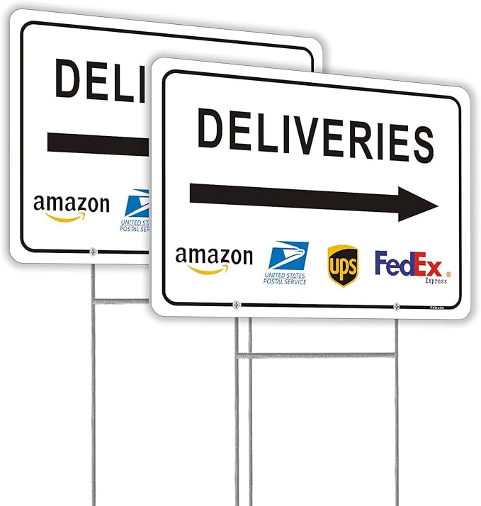 Deliveries Sign with Stake 12”x8” Delivery Sign with Arrow Right Aluminum Metal Delivery Instruction for Packages Easy Installation for Home