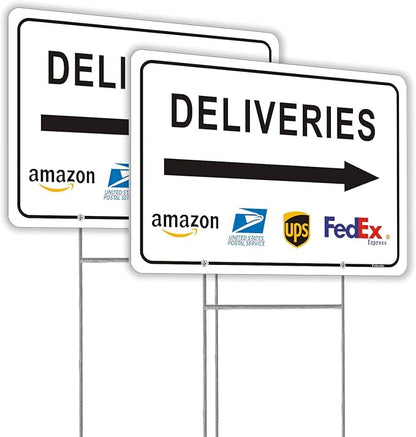 Deliveries Sign with Stake 12”x8” Delivery Sign with Arrow Right Aluminum Metal Delivery Instruction for Packages Easy Installation for Home