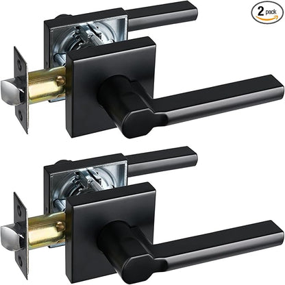 Passage Door Lever (No Lock), Heavy Duty Interior Square Handle for Hallway and Closet, Matte Black, Reversible for Right&Left Handed, 2Packs