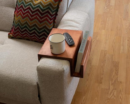 Wooden Couch Arm Tray – Sofa Armrest Table with Book & Magazine Holder, Perfect for Coffee & Remote Control, Solid Wood (Paris)
