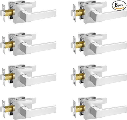 Square Passage Door Lever, Heavy Duty Interior Door Handles for Hallway& Closet Non-Locking Door Knob in Satin Nickel Keyless Door Lockset for Right & Left Side Door, 8 Pack