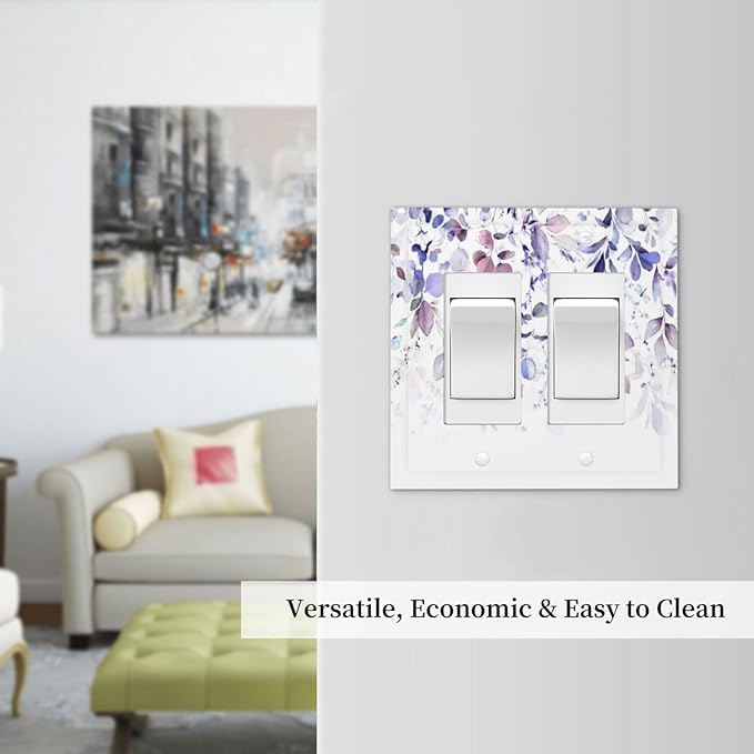 Purple Eucalyptus Watercolor Floral Rustic Leaf Decorative Outlet Covers 2 Gang Double GFCI Rocker Electrical Wall Panels Light Switch Cover Plate for Farmhouse Home Decor