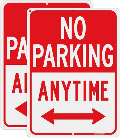 T&R No Parking Anytime Sign - 2 Pack - 14 x 10 Inches Rust Free .040 Aluminum Reflective - UV Protected, Waterproof, Weatherproof and Fade Resistant - 6 Pre-drilled Holes