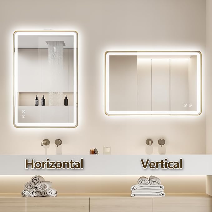 Rectangle LED Bathroom Mirror, 48"x30" Anti-Fog Double Touch Lighted Wall Vanity Mirror 45° Beveled Metal Frame Stepless Adjustable Color Temperature Smart Mirror 3000K-6000K, Gold