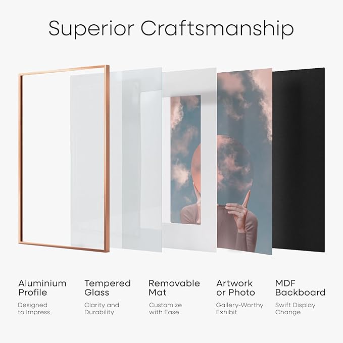 Homeforia Rose Gold Frame 8x8, High End Metal 8 x 8 Square Picture Frames with Mat 6 x 6 Art, 8x8 Photo Frame Matted to 6x6 inch Print, 8by8 Wall or Tabletop Frames, Tempered Glass, Wall Kit, Set of 2