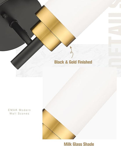 Emak Modern Wall Sconce, Black Gold Bathroom Light Fixtures with Milk Glass Shade, 2 Pack Wall Lamp for Bathroom, Bedroom, Living Room, Hallway, WS085-BKBGD-ML-2PK