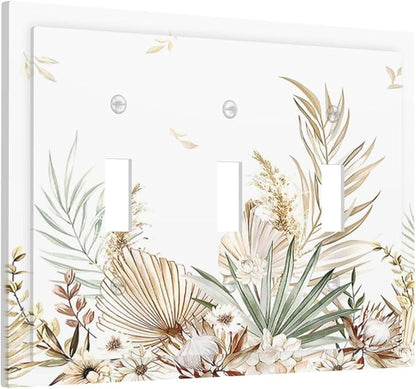 Decorative Switch Plates Boho Leaves Watercolor Tan Leaf Floral Plant 3 Gang Wall Plate Faceplate Triple Toggle Light Switch Cover Electrical Wall Panels for Bedroom Home Decor