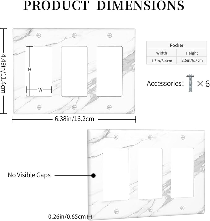Light Switch Covers Modern White Gray Marble 3 Gang Rocker Electrical GFCI Decorative Triple Outlet Wall Plate Cover Switchplate for living Room Bathroom Decor