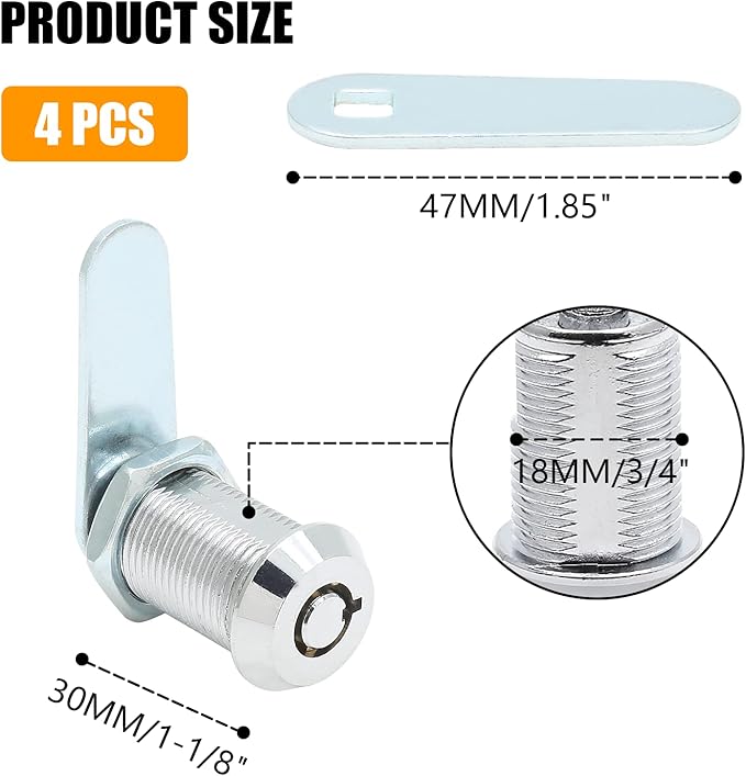 Uenhoy 4 Pack Tubular Cam Lock 1-1/8 Inch Cabinet Cam Lock Set for Tool Box, File Cabinet, Mail Box, Vending Machine, ATM, Keyed Different