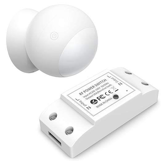 Wireless Motion Sensor Switch Kit with Split Sensor & Switch, PIR Motion Activated Power Switch with Timer, Indoor Motion Detector for Lights & Exhaust Fan (110V-120V) of Bathroom, Garage