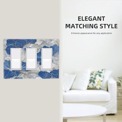 Abstract Blue Marble Plant Leaves 3 Gang Triple Rocker Decorative Light Switch Covers Electrical Faceplate Switch Plates for Bathroom Kitchen Home